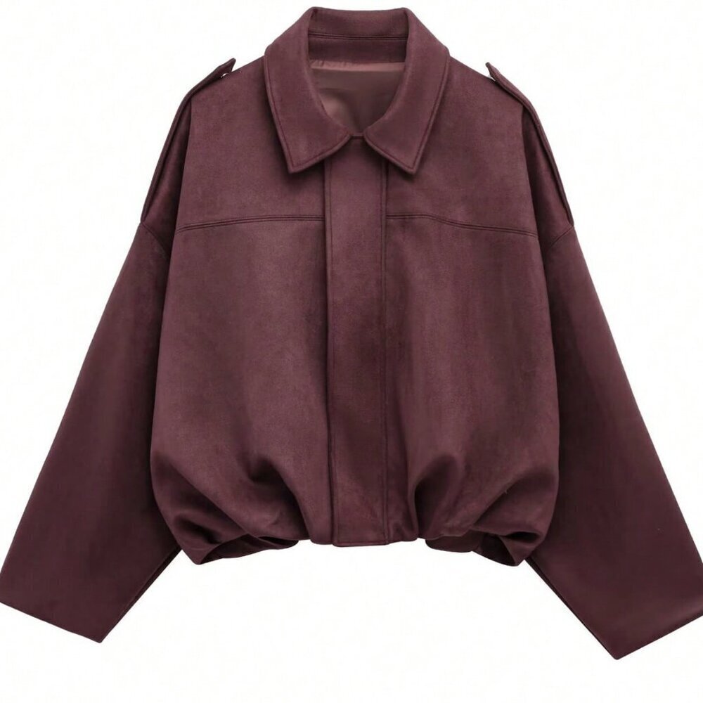 Burgundy Casual Women's  Loose Long Sleeves Zip Bomber Coat Jacket Outerwear - Picture 5 of 6
